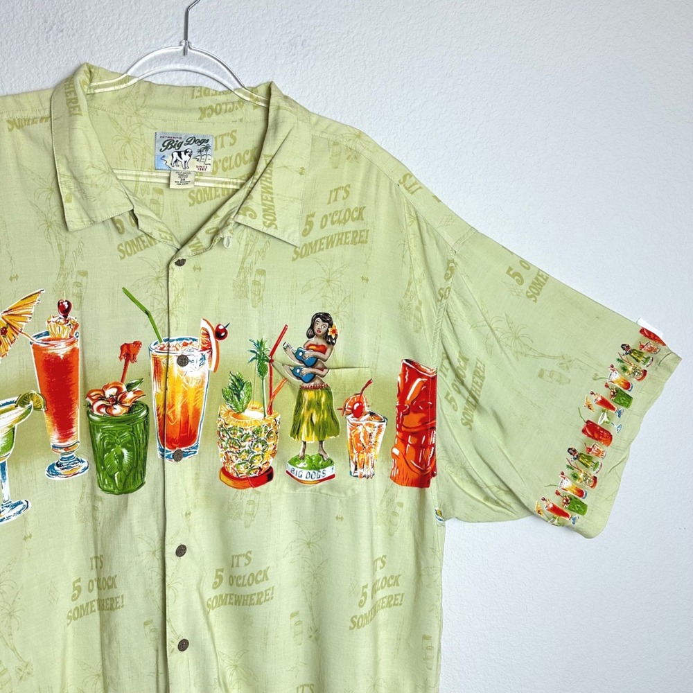 90s Big Dogs Men 3XL Hawaiian Shirt It's 5 OClock Somewhere Tiki Cocktail Rayon